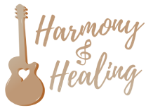 Harmony & Healing logo featuring acoustic guitar and text in warm tan tones