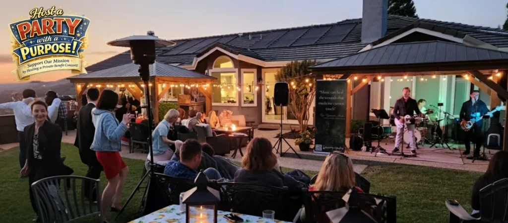 Harmony & Healing private benefit concert with live band performing on lit stage at residential home at dusk